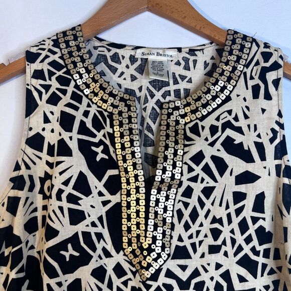 Susan Bristol Bold Black Tan Abstract Geo Print Linen Blend Tank Blouse Size LRG - Picture 3 of 6